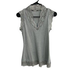 Womens Gray Lace Trim Sleeveless Ribbed V-Neck tank Top Layering Feminine